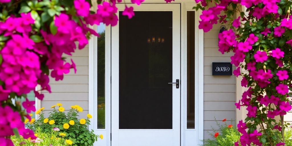 Stylish screen door surrounded by flowers and greenery.