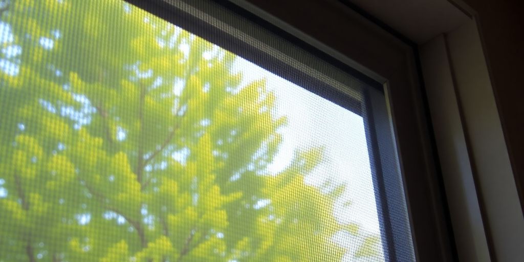 Close-up of a window with a mesh screen installed.