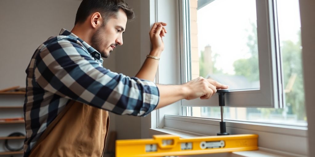 Handyman repairing a window with tools in a workshop.