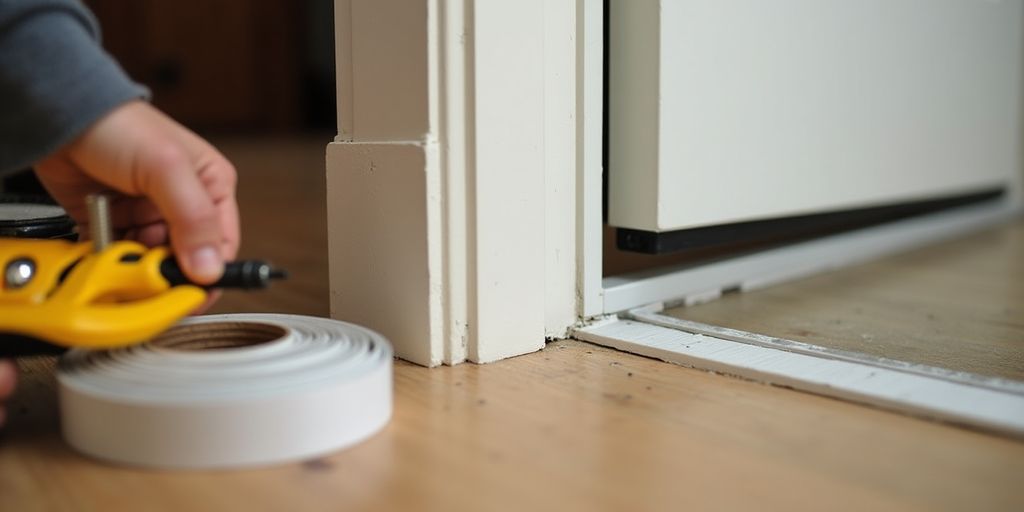 Person sealing a door frame with weatherstripping.