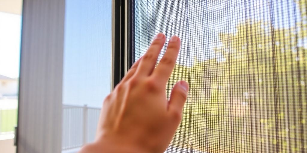 Hand adjusting a sliding screen door mechanism.