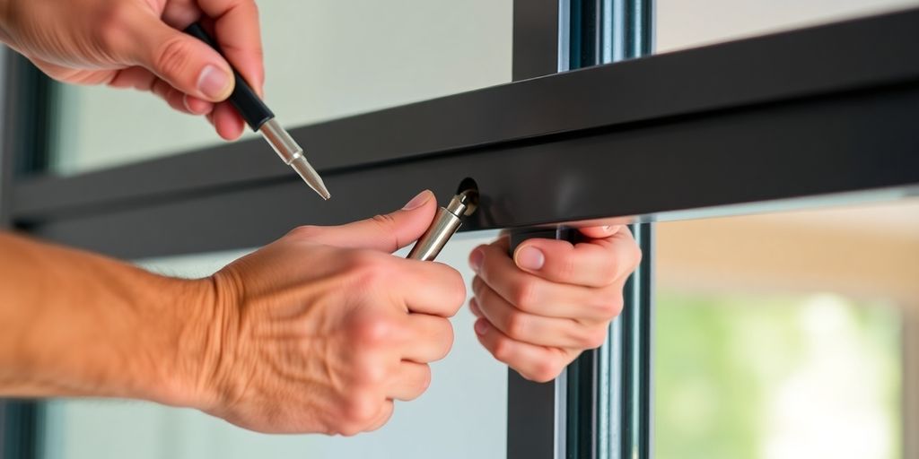Hands replacing a sliding door lock with tools.