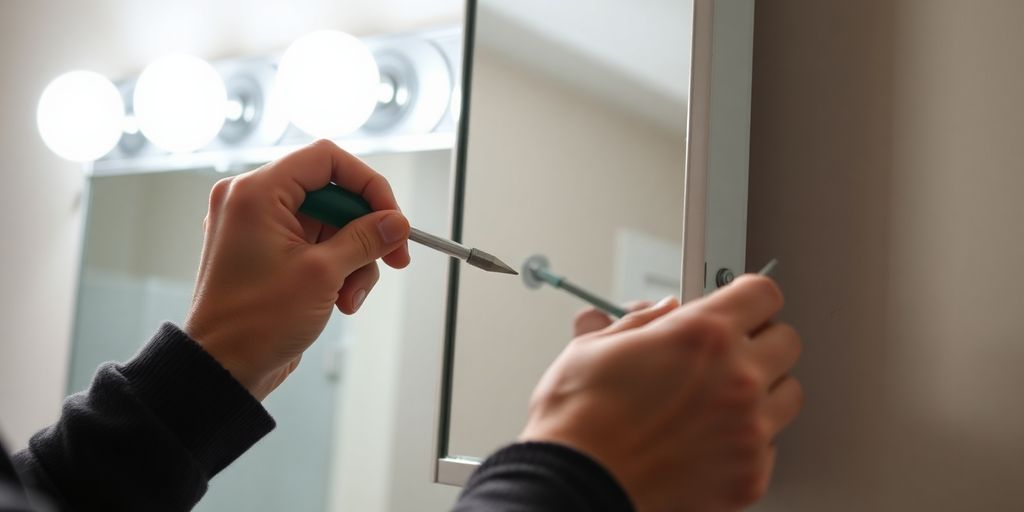 Person removing a medicine cabinet mirror with tools.