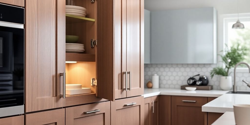 Modern kitchen cabinet with soft close hinges.