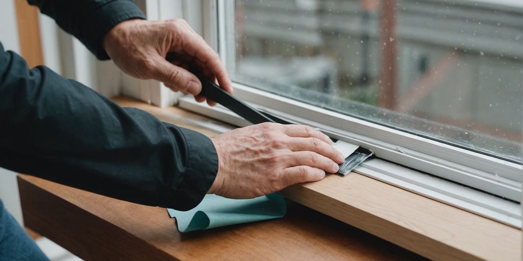 Person applying weather stripping to a window.