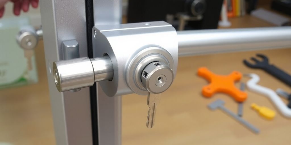 Key lock on a sliding glass door for security.