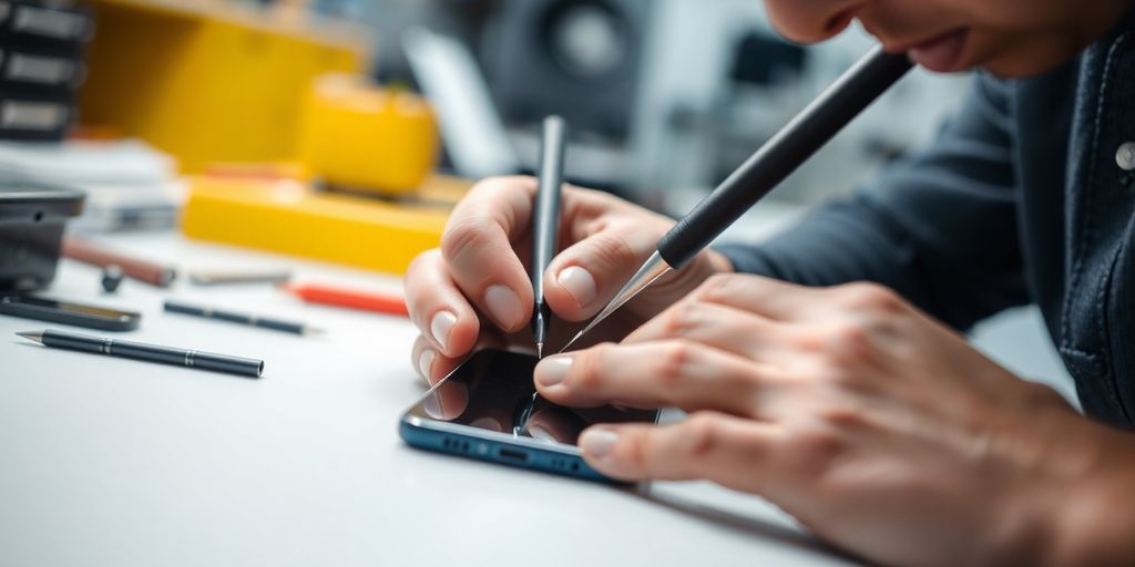 Technician repairing a smartphone screen in a workshop.