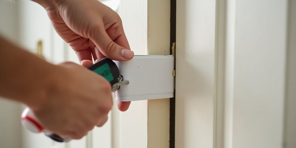 Person installing weather stripping on a door.