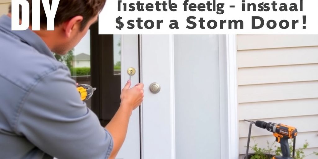 Person installing a storm door with tools in hand.