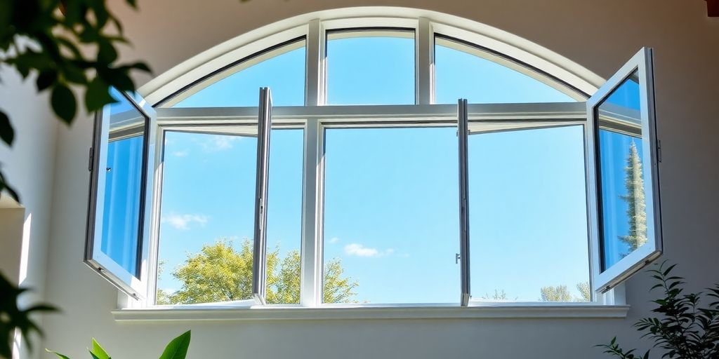 Modern home with elegant casement windows and greenery.