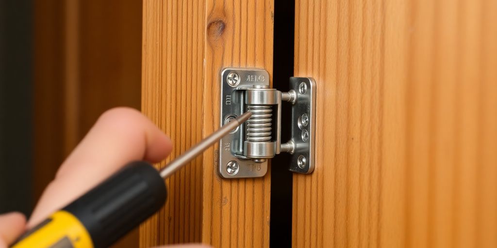 Hand installing a spring hinge on a wooden door.
