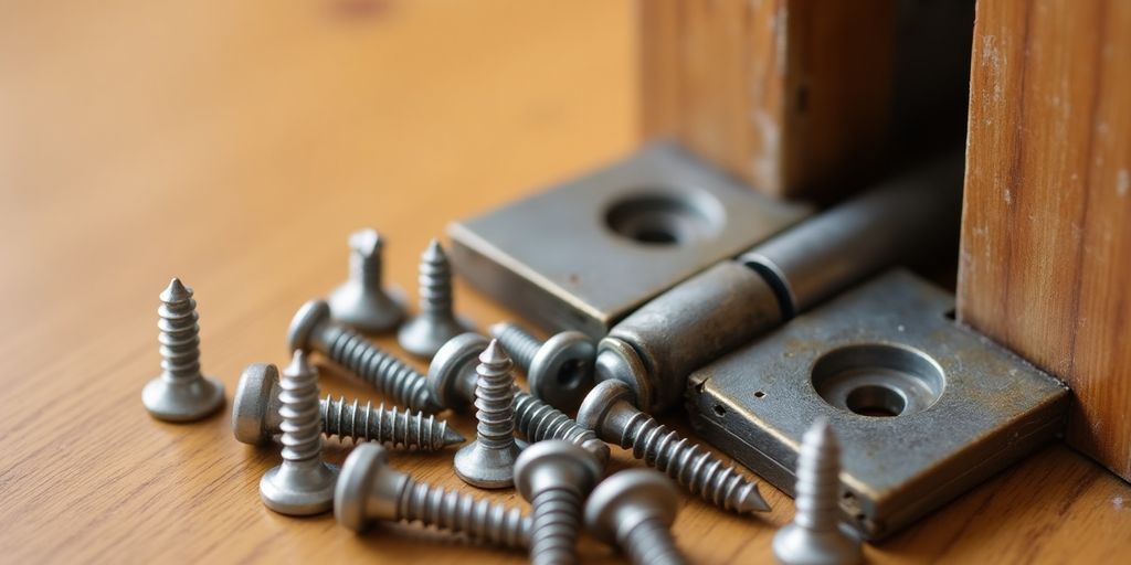 Close-up of screws beside a door hinge.