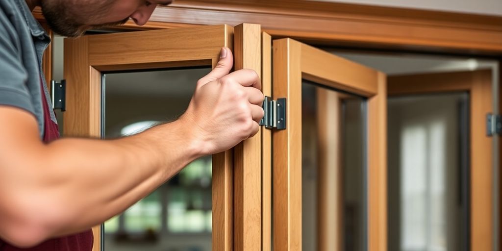 Handyman adjusting bifold doors for alignment.