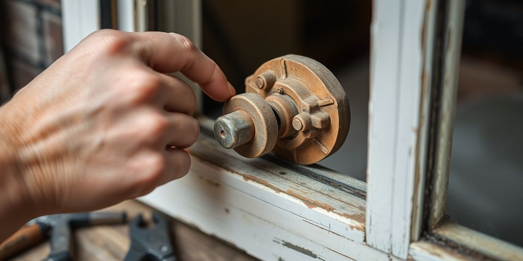 Close-up of a hand adjusting an old crank window.