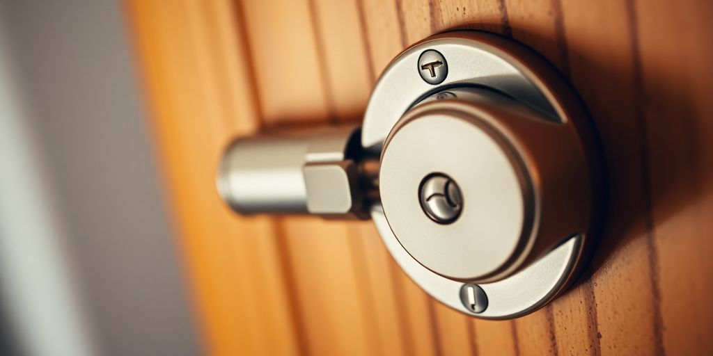 Close-up of a secure mortise lock on a door.