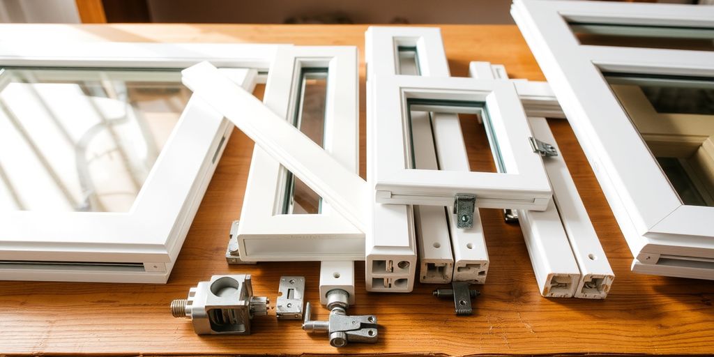 PGT window parts on a wooden table