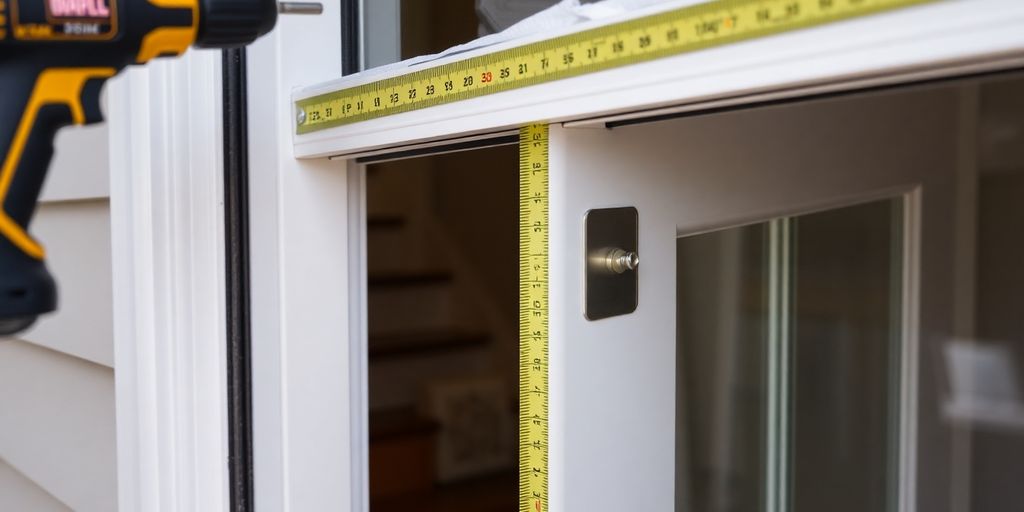 Close-up of tools and storm door installation.