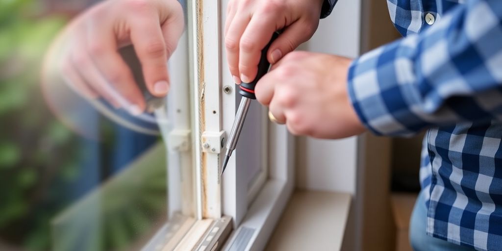 Person removing window sash with tools in hand.