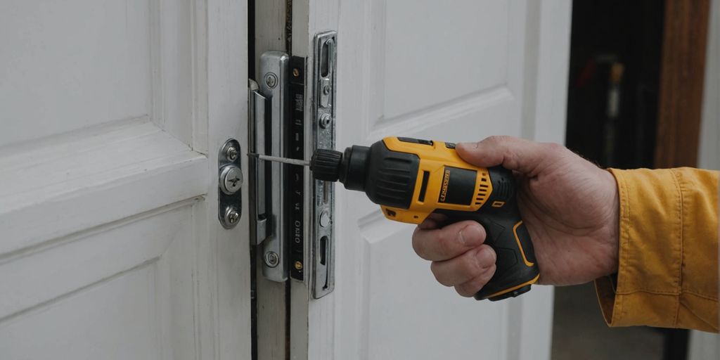 Person fixing sliding door handle with tools