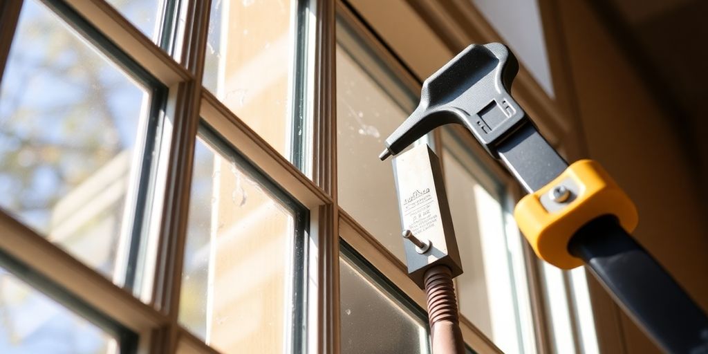 Close-up of window sash replacement with tools and materials.
