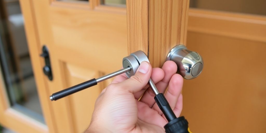 Hand replacing a patio door lock with tools nearby.
