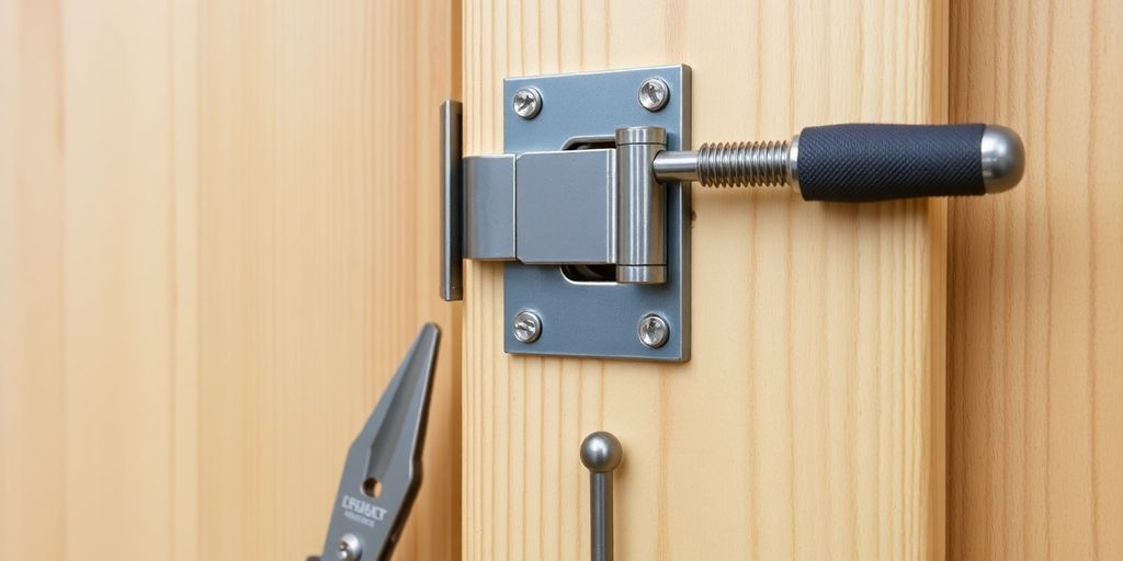 Close-up of pivot hinges installed on a wooden door.