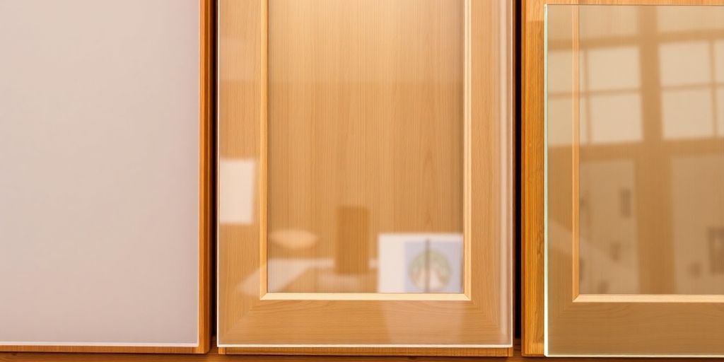 Different types of glass for cabinet doors on display.