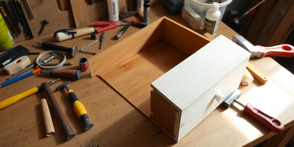 Tools and drawer parts on a workshop table.