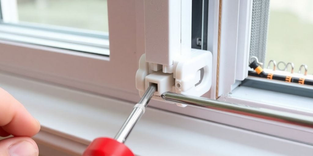 Close-up of aluminum window pivot lock shoe replacement.