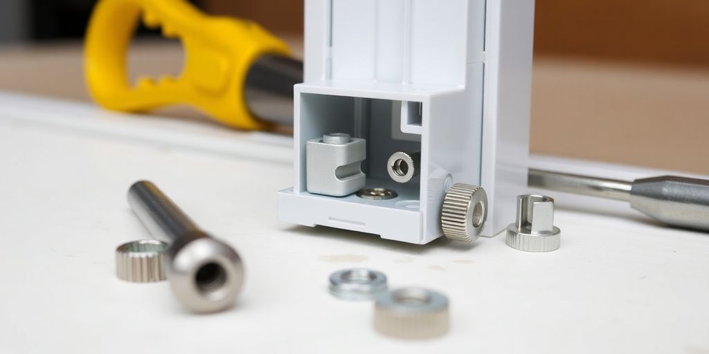 Close-up of an aluminum window pivot lock shoe.