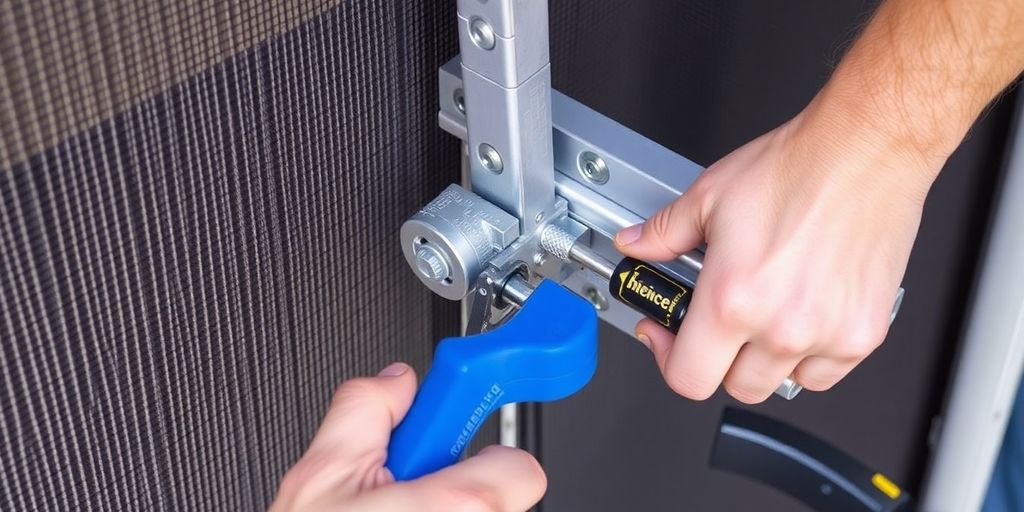 Image of a screen door closer installation process.