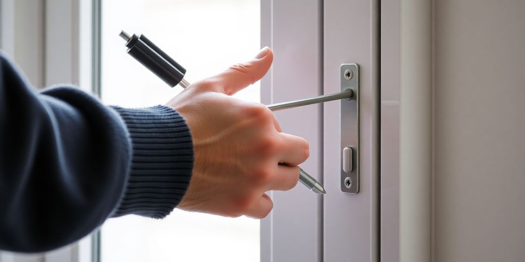 A person opening a locked window carefully with a tool.
