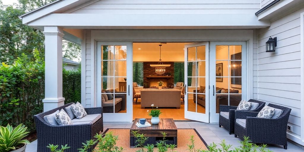 Stylish patio doors opening to a lush outdoor space.