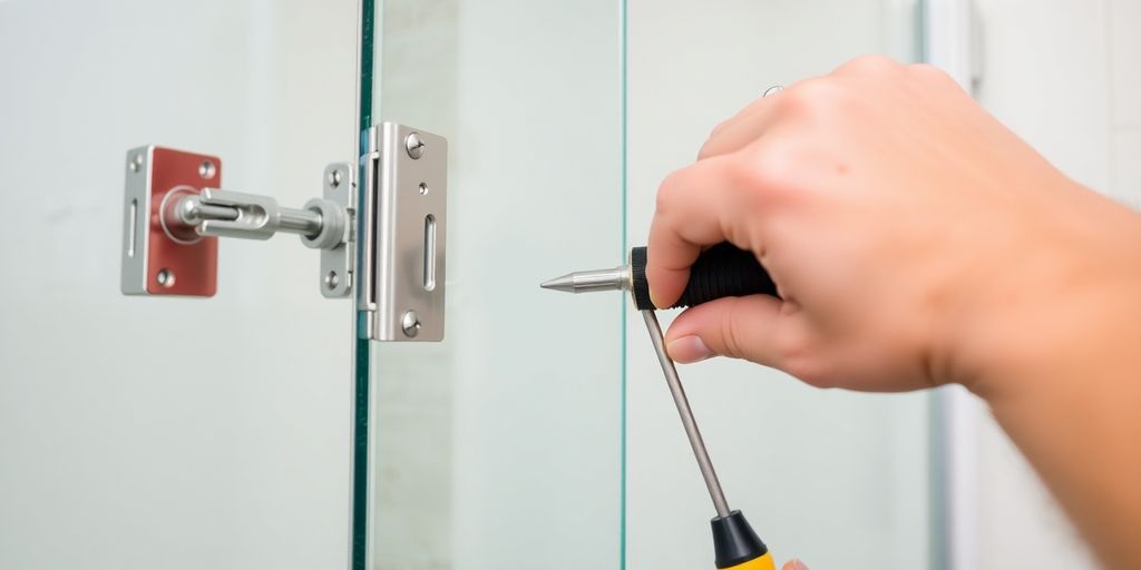 Person adjusting a shower door with tools.