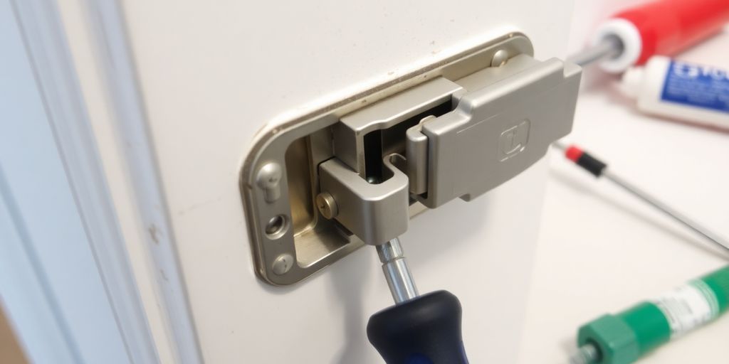 Close-up of a door latch with tools for repair.