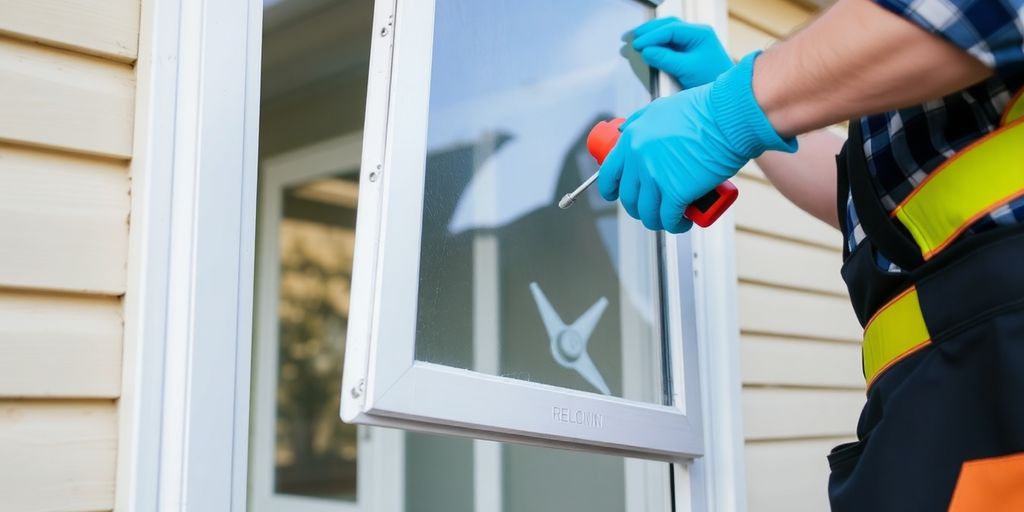 Person removing aluminum window with safety gloves and tools.