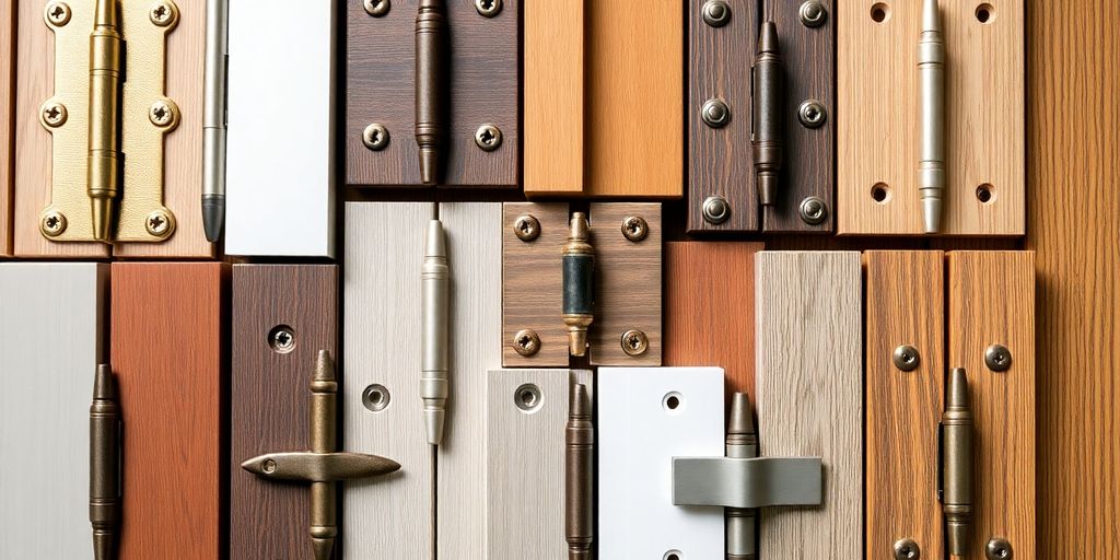 Different styles of cabinet door hinges displayed together.