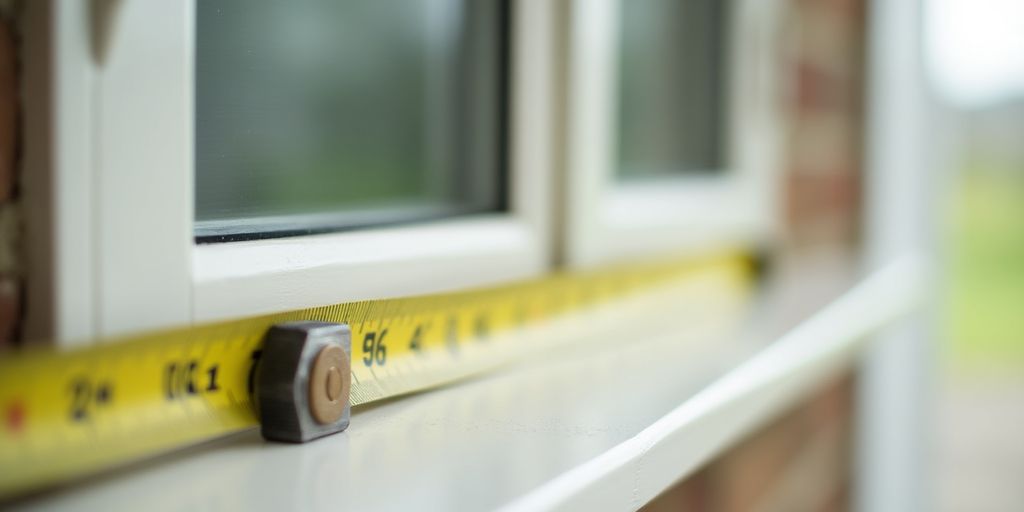 Measuring tape on a casement window frame.