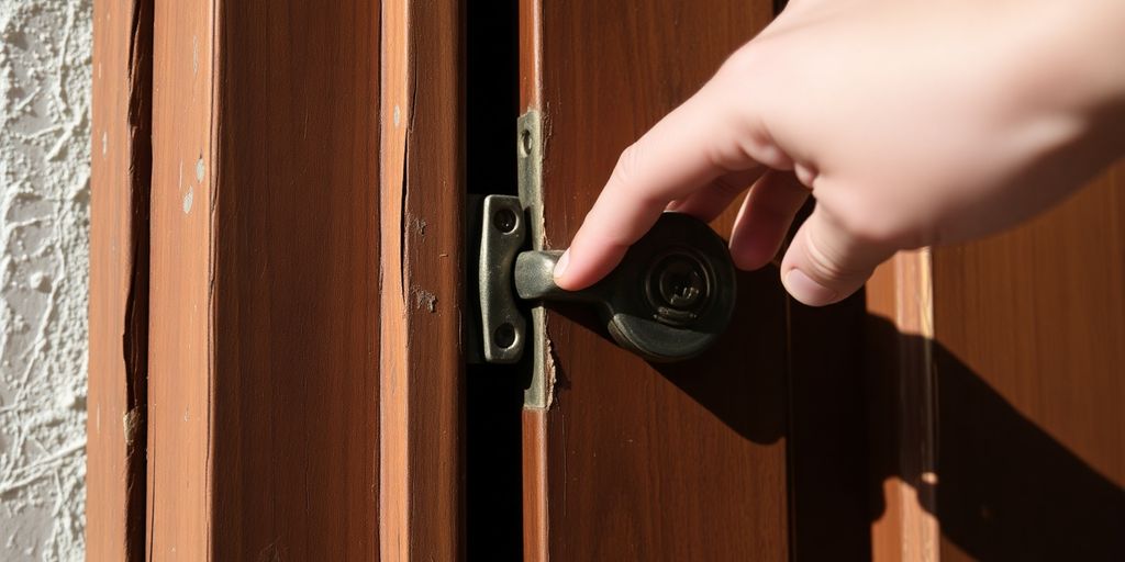 A hand trying to open a stuck wooden door.