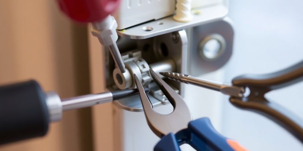 Close-up of a screen door latch repair process.