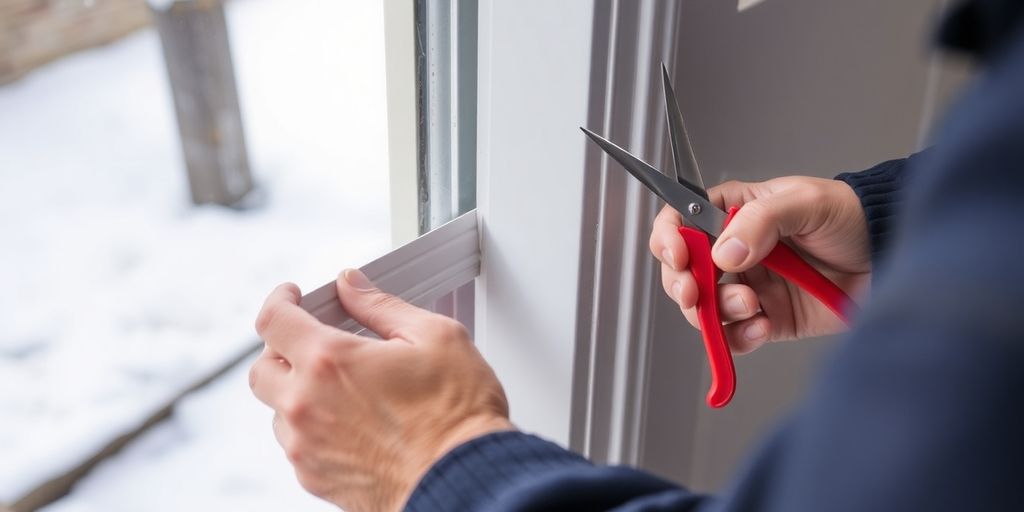 Person sealing a door with weather stripping for winter.