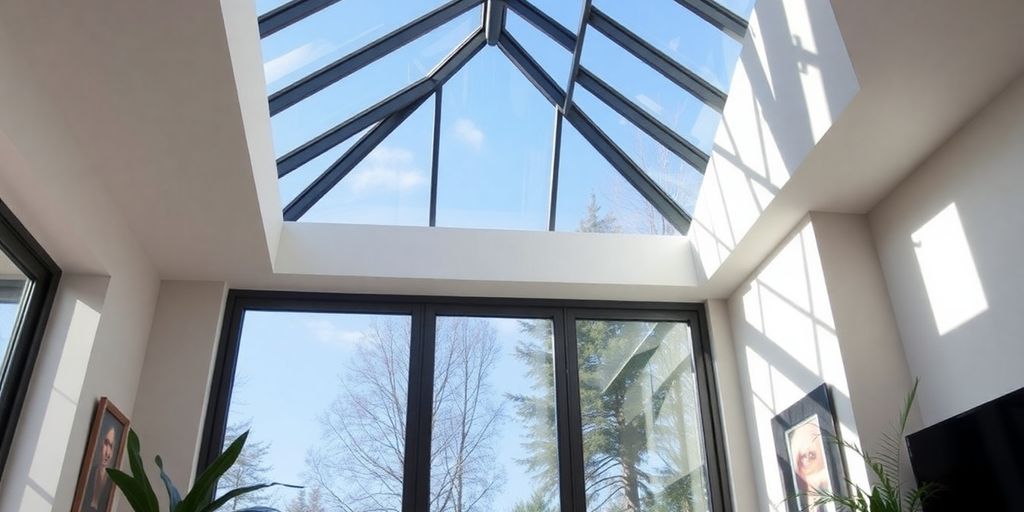 A modern atrium window in a cozy living room.