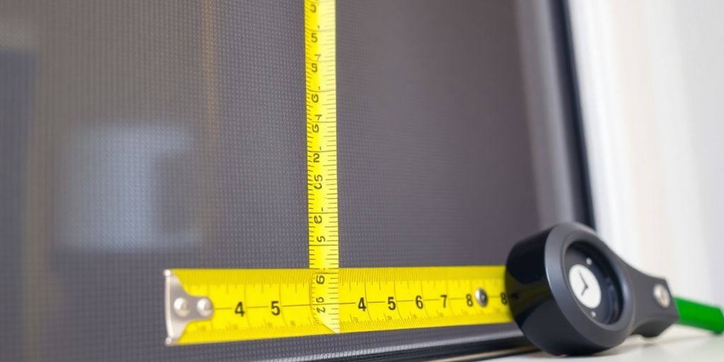 Measuring tape beside a window screen frame.