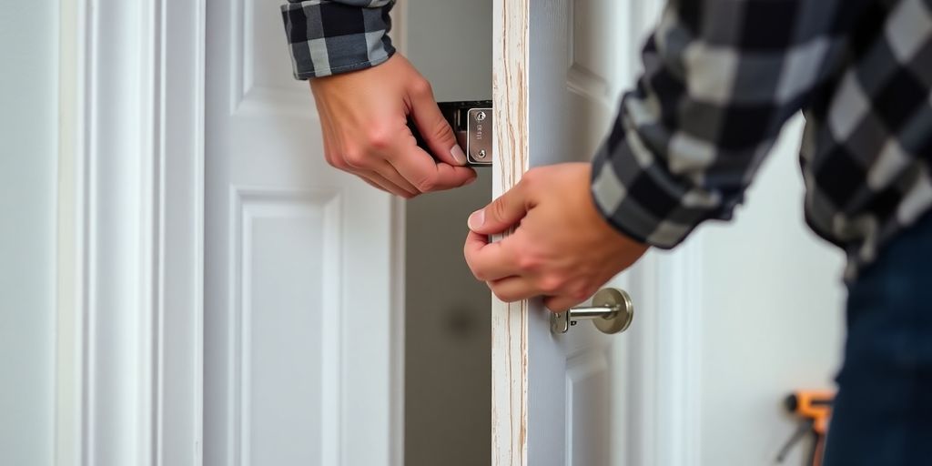 Person removing a pocket door with tools nearby.