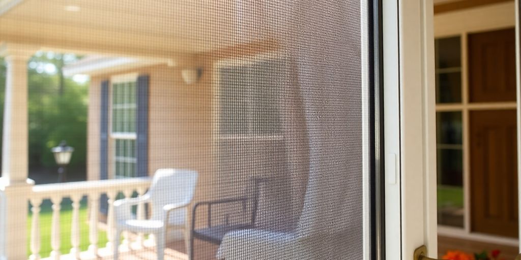 Close-up of a newly installed screen door.