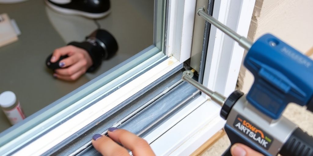 Sealing a sliding glass door frame with weather stripping.