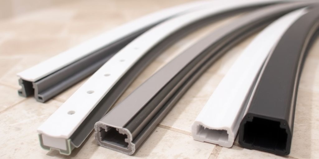 Variety of shower door seals on tile surface.