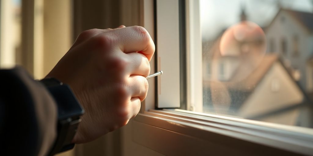 Person unlocking a window with a small tool.