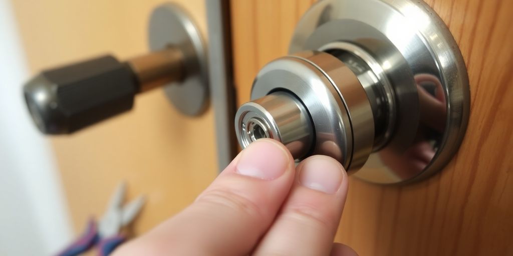 Hand removing lock cylinder from door knob.