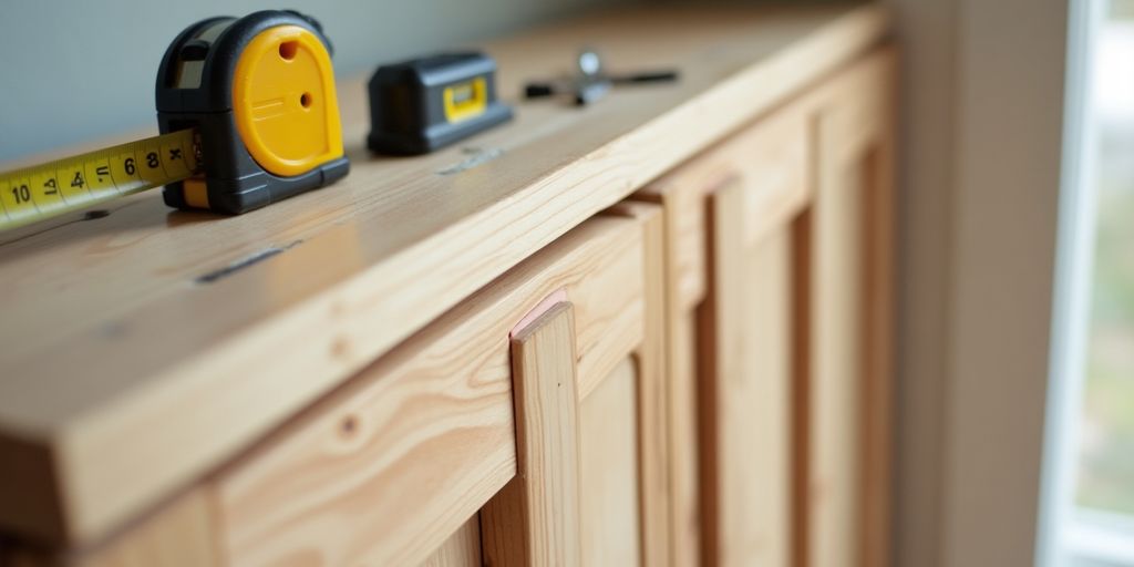 Close-up of bifold door jamb installation with tools.